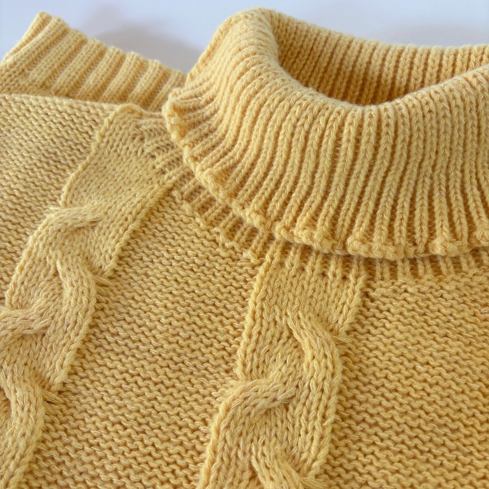 Vintage 90s Chunky Cable Knit Turtleneck Sweater XL Butter Yellow Fisherman Cozy - Picture 10 of 11